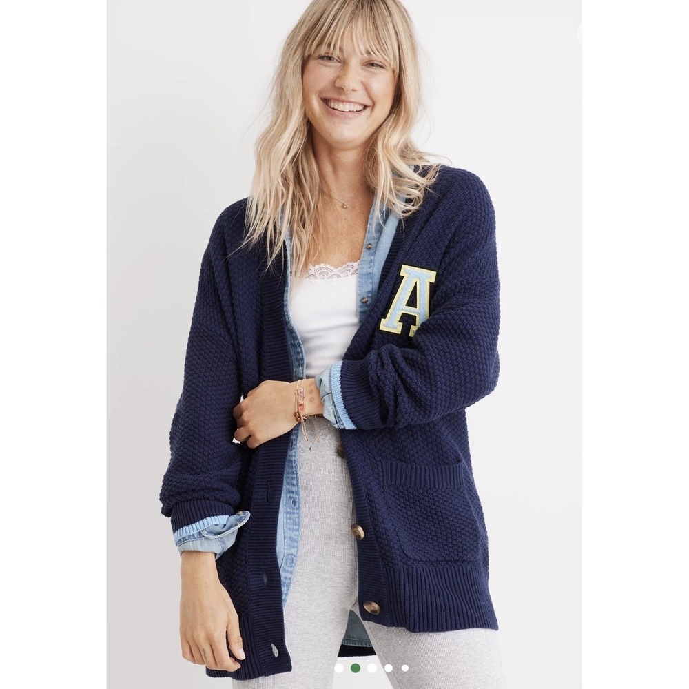 Aerie Oversized Varsity Cardigan Size‎ Medium Navy Blue Cotton Patch Button NWT